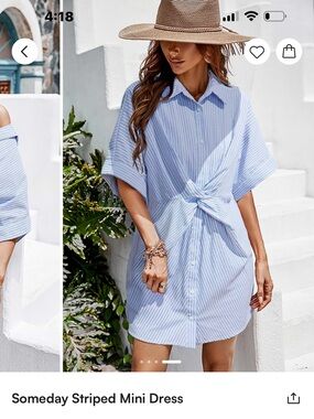 Cupshe Someday Blue & White Striped Tie-Front Button Shirt dress
